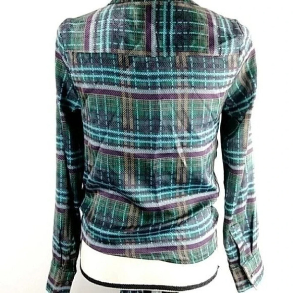 JOA Green Satin Plaid Tie Front Silky Long Sleeve Top Tie Front Button Down - Picture 7 of 15